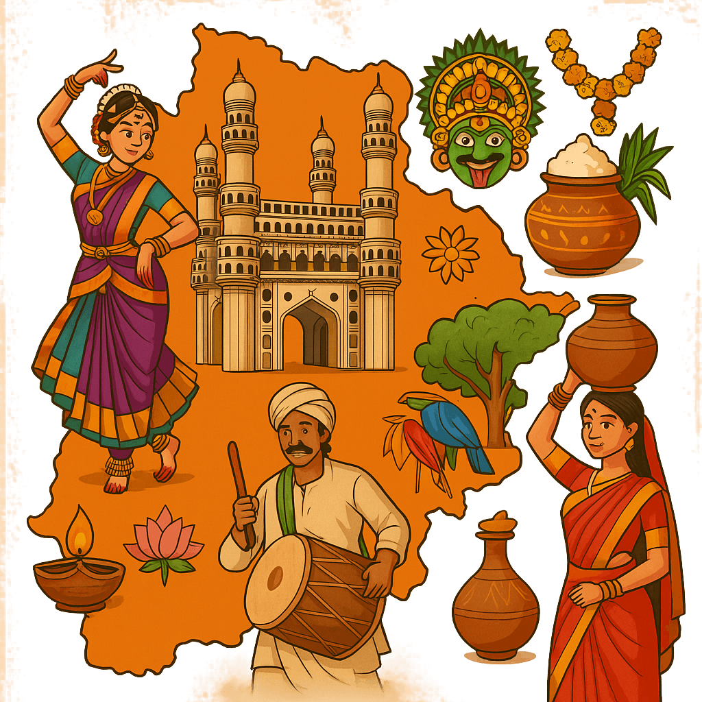 Telangana Cullture Telangana History |తెలంగాణ రాష్ట్రం – చరిత్ర(History), సంస్కృతి(Culture), ప్రస్తుత అభివృద్ధి...! 8 Telangana Cullture Telangana History |తెలంగాణ రాష్ట్రం – చరిత్ర(History), సంస్కృతి(Culture), ప్రస్తుత అభివృద్ధి…!