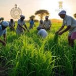 Farmers Subsidy Schemes | రైతు బంధు, పంటల బీమా, సబ్సిడీల అప్డేట్స్ 5 ఒక ఆకుపచ్చ పొలంలో రైతులు పని చేస్తున్న ఫోటో, బ్యాక్గ్రౌండ్లో తెలంగాణ ప్రభుత్వ లోగోలు మరియు రైతు బంధు స్కీమ్ సింబల్స్ – సూర్యాస్తమయం సమయంలో షూట్ చేసిన నేచురల్ ఇమేజ్