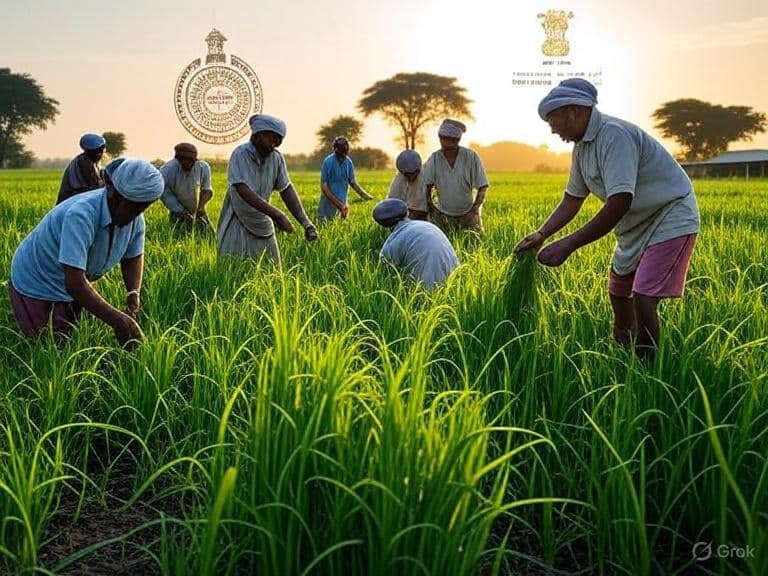 ఒక ఆకుపచ్చ పొలంలో రైతులు పని చేస్తున్న ఫోటో, బ్యాక్‌గ్రౌండ్‌లో తెలంగాణ ప్రభుత్వ లోగోలు మరియు రైతు బంధు స్కీమ్ సింబల్స్ – సూర్యాస్తమయం సమయంలో షూట్ చేసిన నేచురల్ ఇమేజ్