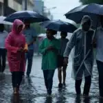 Telangana Heavy Rain Alert | తెలంగాణలో మళ్లీ భారీ వర్షాలు 6 Telangana Heavy Rain Alert హైదరాబాద్ వరదల్లో వర్షంలో తడుస్తూ, గొడుగులు, రెయిన్కోట్లతో నడుస్తున్న వివిధ వయసుల ప్రజలు, నగర వీధుల్లో నీరు నిలిచిన దృశ్యం.