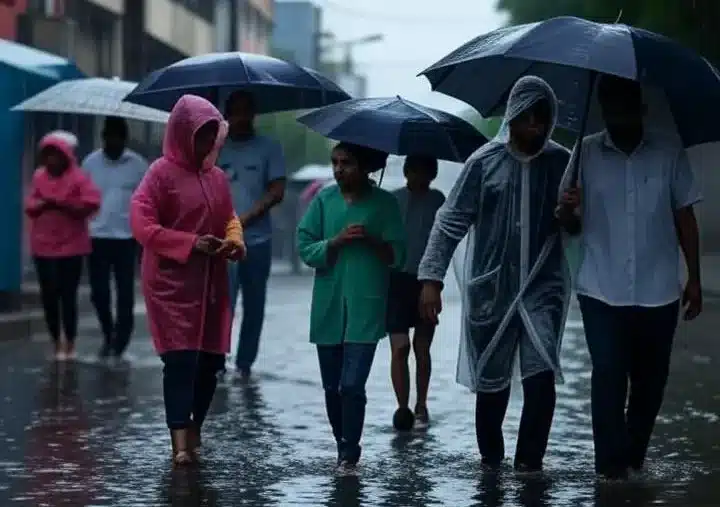 Telangana Heavy Rain Alert హైదరాబాద్ వరదల్లో వర్షంలో తడుస్తూ, గొడుగులు, రెయిన్‌కోట్లతో నడుస్తున్న వివిధ వయసుల ప్రజలు, నగర వీధుల్లో నీరు నిలిచిన దృశ్యం.