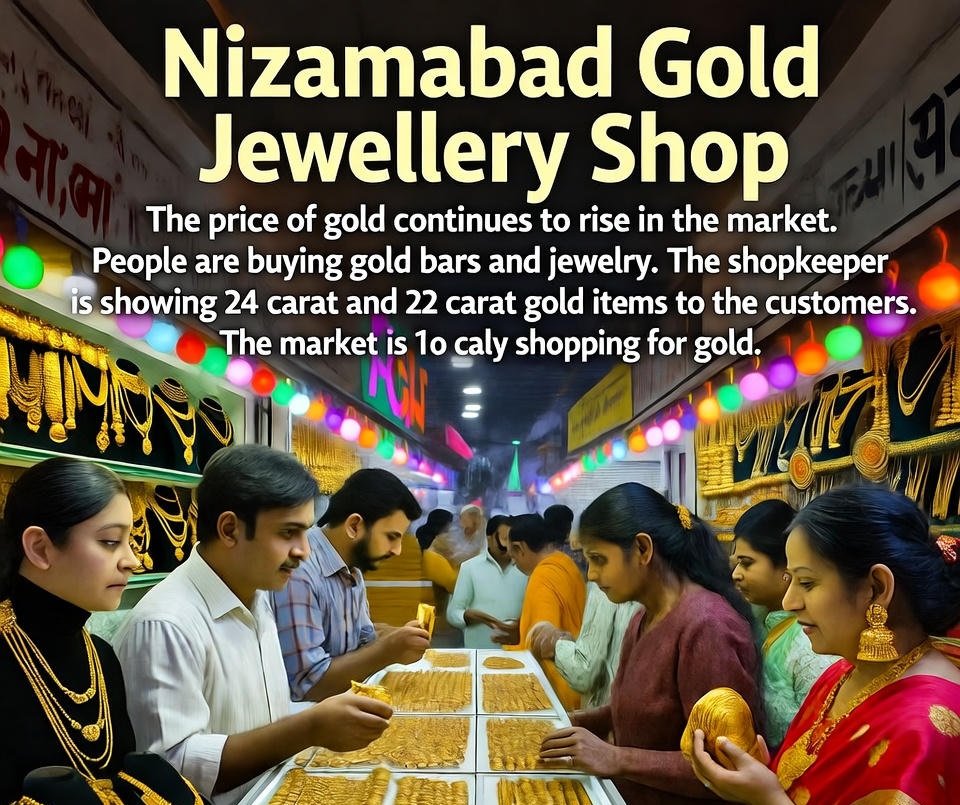 Gold Price in Nizamabad | ఈరోజు నిజామాబాద్లో బంగారం ధరలు: పెరిగిన రేట్లు, మార్కెట్ ట్రెండ్స్ 7 Gold Price in Nizamabad : Nizamabad Gold Jewellery Shop: The price of gold continues to rise in the market. People are buying gold bars and jewelry. The shopkeeper is showing 24 carat and 22 carat gold items to the customers. The market is bustling with shoppers for gold.