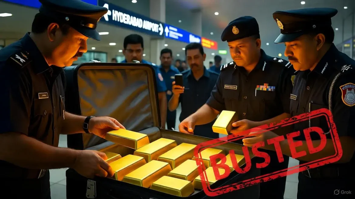 Hyderabad Gold Smuggling Bust : A dramatic airport scene at night with customs officers in uniform seizing shiny gold bars from open luggage, red "BUSTED" stamp overlay, Hyderabad airport signage in background, high-contrast lighting for tension