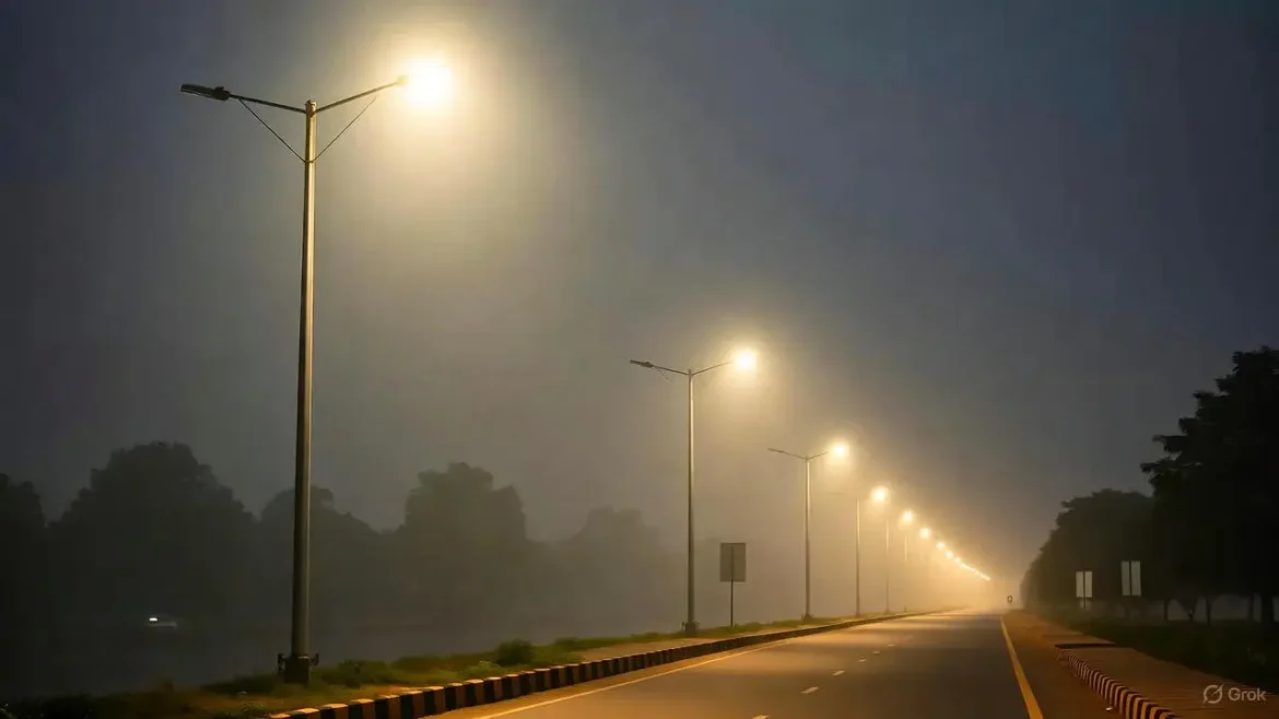 Nizamabad Night Weather : A hazy night street scene in Telangana with street lights glowing through fog, representing Nizamabad Night Weather conditions